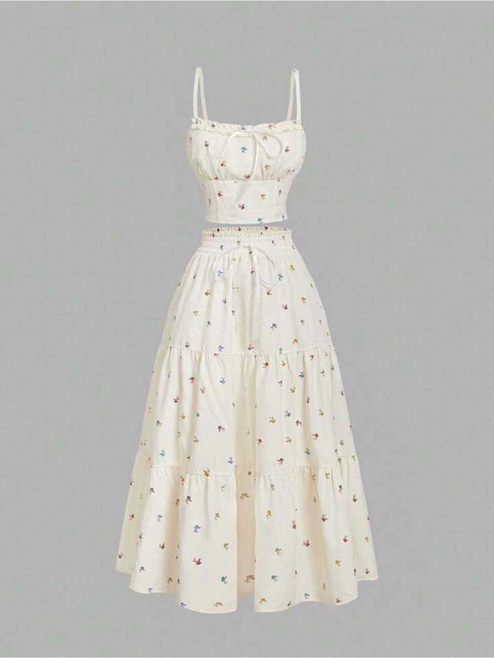 SHEIN Cream Floral Two-Piece Tiered Midi Set